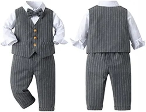 Vista 7 de IDOPIP Trajes de otoño e invierno para niños pequeños, camisa de manga larga con corbatín + chaleco + pantalones largos, overoles