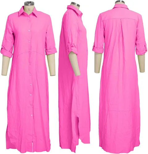 Vista 4 de Maxivestido con botones para mujer, estilo casual, holgado, manga larga, enrollable, vestido con abertura