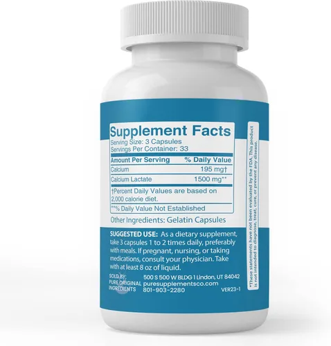 Vista 3 de Pure Original Ingredients Lactato de calcio, (100 cápsulas) siempre puro, sin aditivos ni rellenos, verificado por laboratorio