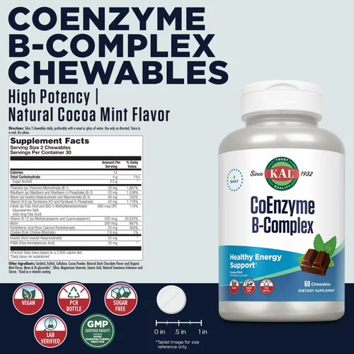 Vista 2 de KAL CoEnzyme Complejo de vitamina B, vitaminas B masticables para energía saludable, glóbulos rojos y soporte de la función nerviosa con vitamina
