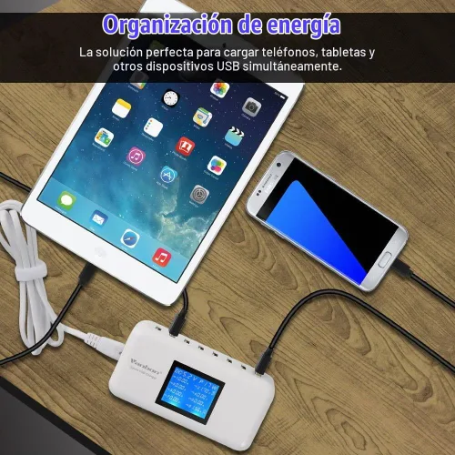 Vista 5 de Cargador de pared USB de 60 W y 8 puertos, estación de carga con cargador USB multipuerto W/LCD compatible con teléfonos inteligentes, tabletas