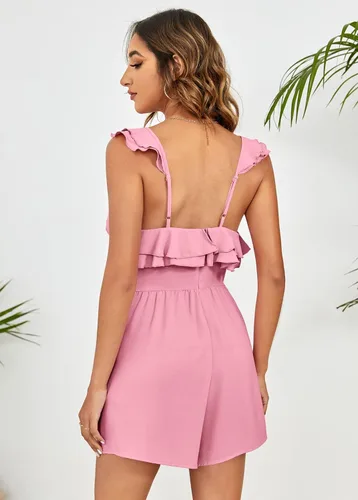 Vista 5 de Srendarky Womens Summer Ruffle Romper V Neck Flutter Sleeve High Waist Casual Short Jumpsuit Playsuit