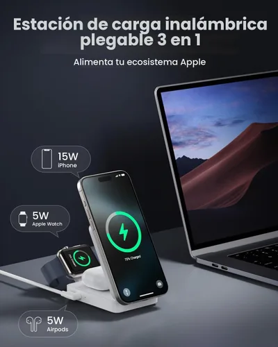 Vista 4 de Estación de carga inalámbrica 3 en 1 para iPhone, soporte de carga inalámbrica rápida plegable de viaje plegable de 15 W para Mag-Safe con adaptador