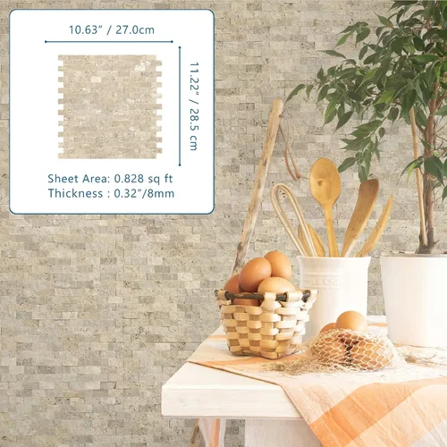 Vista 4 de SUNWINGS Azulejos de travertino autoadhesivos de piedra natural 3D de 5 hojas, 10.63 x 11.22 pulgadas, para pegar en el protector contra