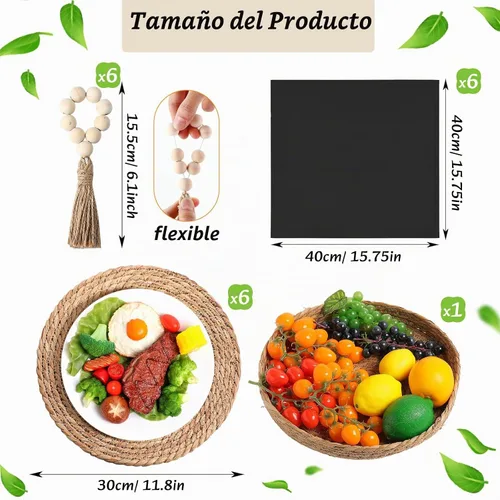 Vista 2 de 6 juegos de manteles individuales boho redondos tejidos, servilletas de tela, anillos para servilletas con cuentas de madera, camino de mesa largo