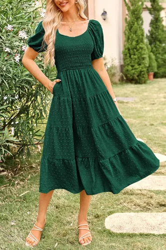 Vista 4 de PRETTYGARDEN Vestido midi casual de verano para mujer, manga abombada, lunares suizos, vestidos largos acampanados