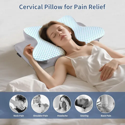 Vista 3 de Almohada cervical para el cuello – Almohada ergonómica para dormir de lado para aliviar el dolor, almohada cervical refrescante para dormir