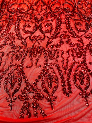 Vista 6 de Esmeralda Red Sequins on Mesh Lace Fabric by The Yard - 10102