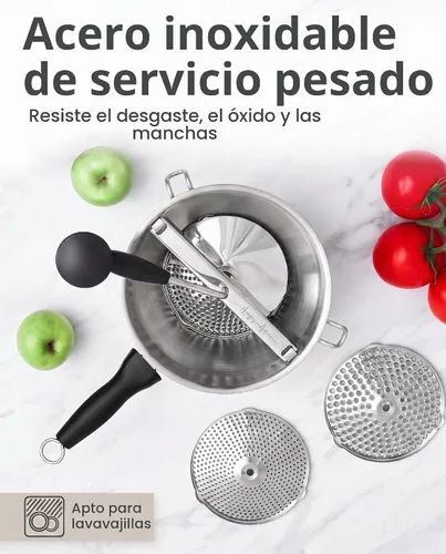 Vista 5 de Molino de alimentos de acero inoxidable con asas desmontables – Molino de manivela para comida de bebé, salsa de tomate y puré de papas – Incluye 3