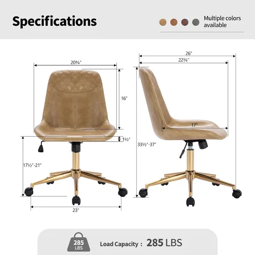 Vista 2 de DUHOME Silla de oficina de cuero PU con ruedas Silla de escritorio de Camel con base dorada