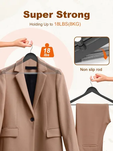 Vista 3 de HOUSE DAY - Paquete de 10 perchas de madera negra, percha de madera maciza con barra antideslizante para pantalones, percha de abrigo de madera