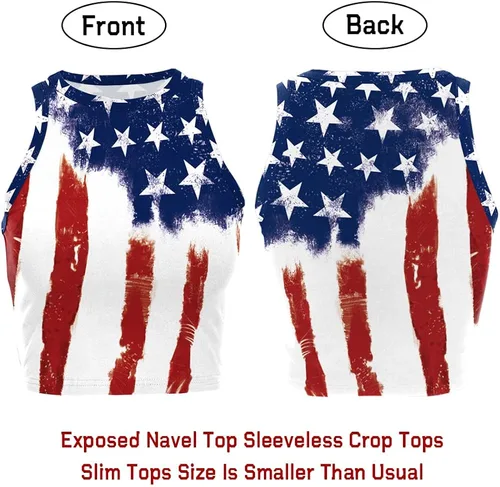 Vista 8 de Camiseta corta con bandera estadounidense para mujer, patriótica de Estados Unidos, para el 4 de julio, sexy, expuesta, suave, para verano, sin