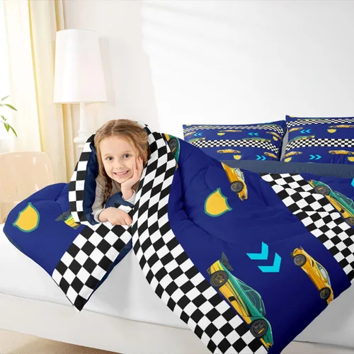 Vista 7 de Feelyou Juego de edredón de coche de carreras, tamaño individual, juego de ropa de cama de coche deportivo de velocidad para niños y niñas, edredón
