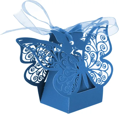 Vista 2 de 50 cajas de regalo de mariposa azul marino cortadas con láser, cajas de regalo de galletas con cintas, bonita caja de chocolate para boda, niña