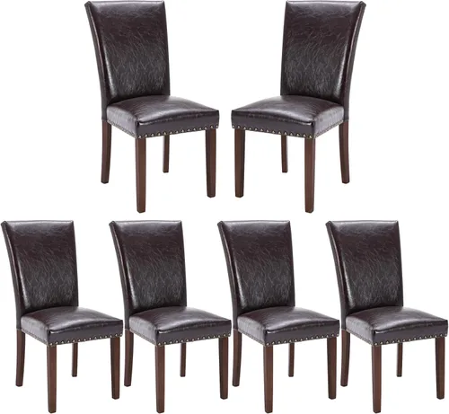 Vista 16 de COLAMY Juego de 6 sillas de comedor tapizadas Parsons, sillas laterales de tela para comedor y cocina con ribete de tachuelas y patas de madera