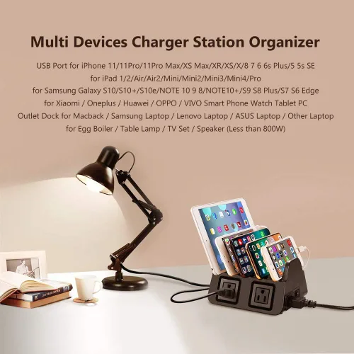 Vista 5 de Estación de carga con 5 puertos USB, organizador para múltiples dispositivos, soporte de escritorio de carga rápida para teléfono Apple Android