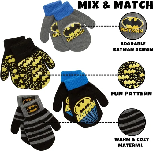 Vista 3 de DC Comics Juego de 4 manoplas o guantes para niños Batman, Superman, Liga de la Justicia (2-7)