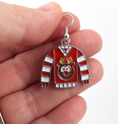 Vista 3 de Tacky Reindeer Ugly Christmas Sweater Pendientes de metal con alambre de oreja en tono plateado
