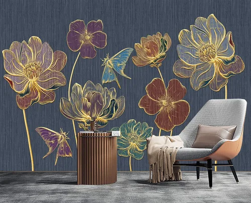 Vista 2 de Papel pintado 3D de flores doradas en relieve para dormitorio, 103 x 69 pulgadas