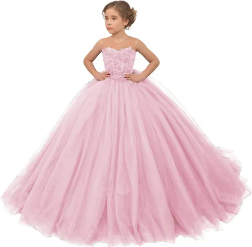 Vista 12 de Precioso vestido de niña de flores de tul para niños de boda con cuentas princesa sin mangas vestidos de baile