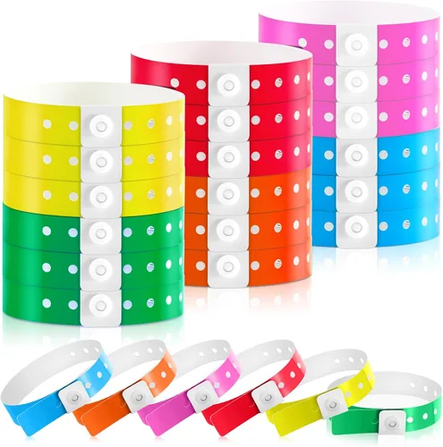 Vista 20 de 600 pulseras de plástico para eventos, vinilo, colores surtidos Adjustable Snap, Bulk Waterproof Neon Colored Arm Bands, For Admission Pools