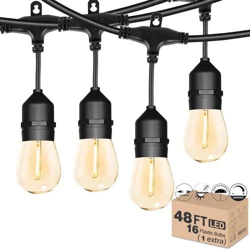 Vista 13 de Luces de Cadena para Patio Exterior de 26 Pies IP65 Impermeables Luces de Cadena Exteriores LED con 13+1 Bombillas S14 1W Irrompibles para Patio