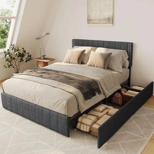 Vista 11 de Gizoon Base de cama matrimonial tapizada con 4 cajones de almacenamiento, cabecera ajustable, sin ruido, soporte de listones de madera, se adapta a