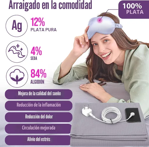 Vista 2 de Sábanas de Ajuste con Conexión a Tierra ECOHEAL Tamaño Queen con 12% Fibra de Plata & 4% Seda & 84% Algodón - Gris - Sábana Conectada a Tierra