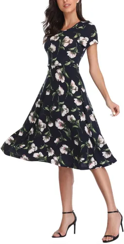 Vista 21 de Urban CoCo Vestido de manga corta para mujer, acampanado, con estampado floral, longitud por debajo de las rodillas # 1