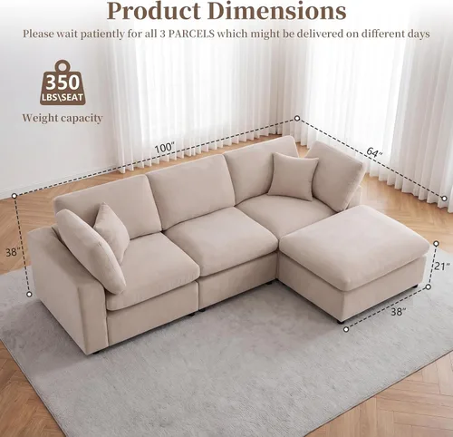 Vista 2 de Sofás modulares de nube seccionales para sala de estar, sofá modular grande con otomana, sofá de 3 plazas en forma de L con almohada, color beige