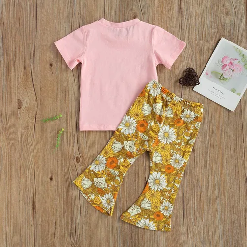 Vista 6 de Nie Cuimeiwan Conjunto de 2 piezas de pantalones acampanados para niña pequeña con estampado de letras y pantalones acampanados florales