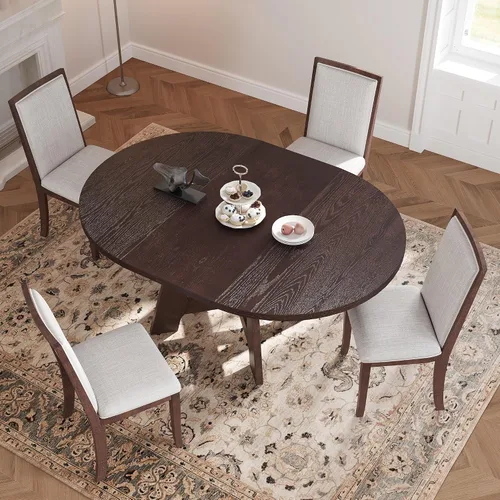 Vista 22 de VilroCaz Juego de comedor funcional retro de 5 piezas, mesa de comedor extensible de madera maciza con una hoja de 16 pulgadas y 4 sillas tapizadas
