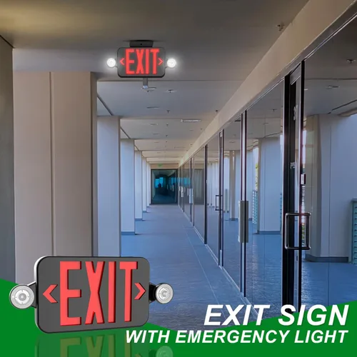 Vista 5 de OSTEK Señal de salida LED rojo con luces de emergencia, dos luces LED de salida de emergencia de cabeza ajustable con batería de respaldo, doble