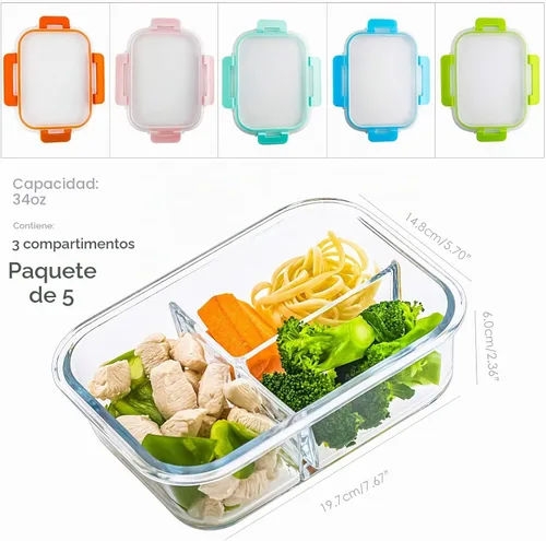 Vista 3 de C CREST Paquete de 5 recipientes de vidrio con 3 compartimentos, 34 onzas, recipientes de vidrio divididos para almacenamiento de alimentos