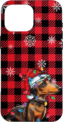 Vista 19 de iPhone 16 Dachshund Christmas Phone Case Red Plaid Pattern Christmas Lights Case