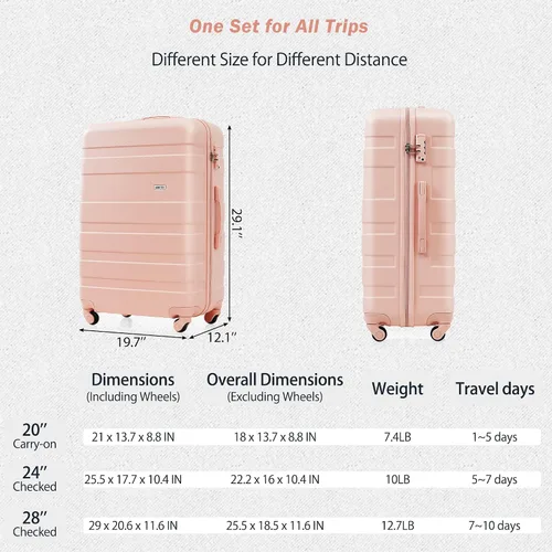 Vista 6 de Merax 3 piezas expandible Abs Hardshell Equipaje Sets Spinner Wheel Maleta TSA Lock Suit Case, Rosa (All Pink), Juego de equipaje de 3 piezas