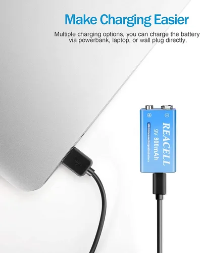 Vista 5 de Paquete de 2 baterías de litio recargables de 9 V, baterías de 9 voltios para detector de humo, carga USB de 800 mAh 9 V para micrófonos
