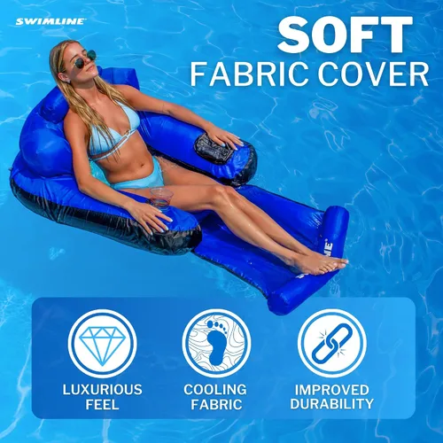 Vista 3 de Swimline ORIGINAL - Colchoneta cubierta de tela para piscina, balsa flotante definitiva para adultos y niños Respaldo, reposabrazos y reposapiés