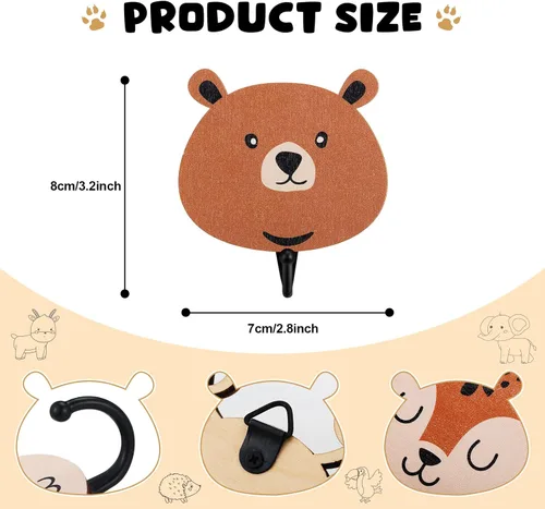 Vista 2 de Tatuo 4 ganchos de pared de animales de madera Safari para niños, ganchos de pared para abrigos, temática de animales de selva, decoración