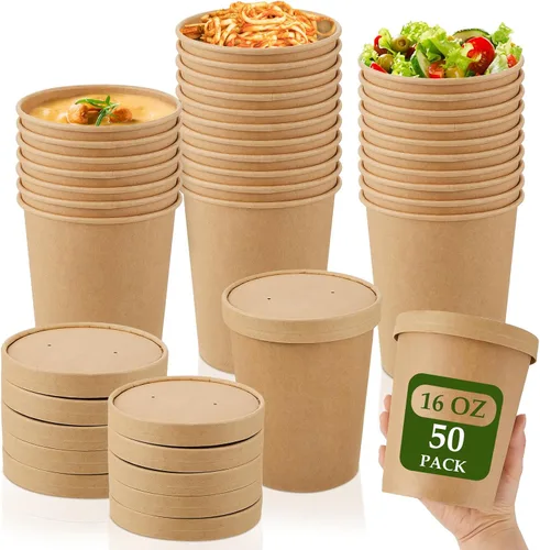 Vista 7 de Sabary Paquete de 50 Recipientes de Papel para Sopa de 8 oz con Tapa Desechables de Papel Kraft Recipientes para Comida Aptos para Microondas