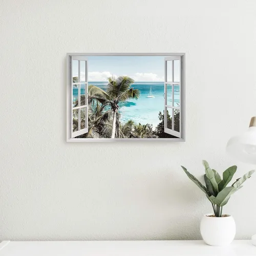 Vista 6 de Sea Whisper Lienzo decorativo para la pared de la ventana de la playa: imagen costera del océano, impresión de palmeras tropicales sobre pintura