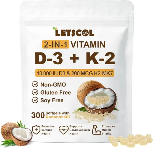 Vista 9 de Suplemento de vitamina D3 K2 2 en 1 Softgel, vitamina D3 10000 UI y vitamina K2 200 mcg, K2 MK7 con suplemento de vitamina D3 que apoya la salud