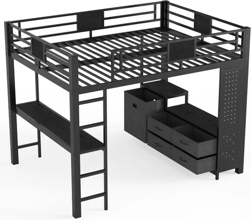 Vista 8 de Cama alta de metal tamaño Queen con escritorio, cajones de almacenamiento y poste de tendedero, marco de cama alta resistente con tablero de Negro
