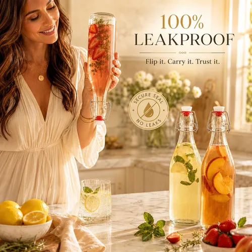 Vista 3 de Botellas de vidrio con tapa abatible [1 litro / 33 onzas líquidas] [Paquete de 4] - Botellas de coquito con tapa abatible para kombucha