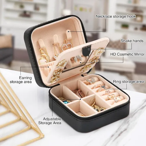Vista 3 de XZUZ Joyero de viaje pequeño con espejo, organizador de joyas portátil, caja de almacenamiento para aretes, anillos, collares, joyería ase