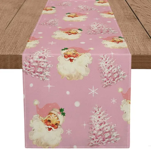 Vista 6 de Camino de mesa de Navidad Papá Noel Árbol de Navidad Copo de nieve rosa, caminos largos para invierno, Navidad, decoración para el hogar, cocina