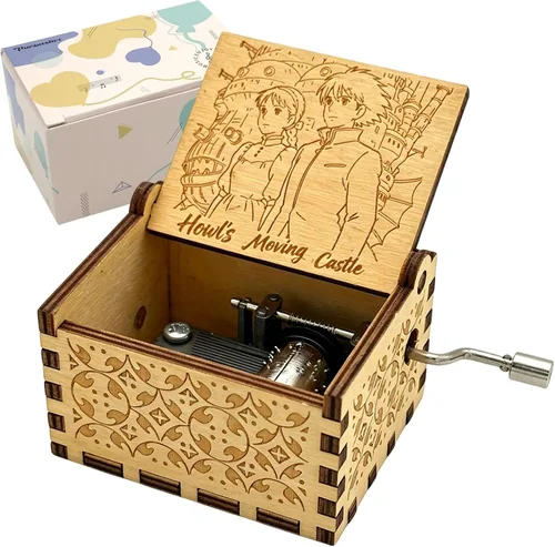 Vista 8 de Pursuestar HowlMoving Castle-Merry Go Round of Life - Caja de música de madera con manivela manual, grabada vintage, regalo musical para fanáticos