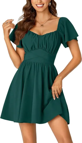 Vista 11 de Rooscier Minivestido acampanado de manga corta con volantes, cuello cuadrado, envolvente y espalda anudada para mujer