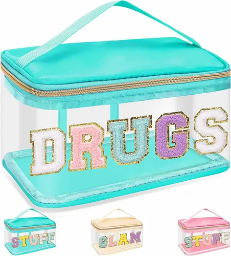 Vista 19 de izuzta Bolsas de maquillaje transparentes con letras de chenilla, bolsa de maquillaje de parche preppy con asa