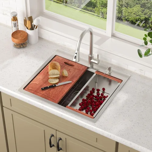 Vista 15 de Lordear - Estación de trabajo de fregadero de cocina al aire libre con grifo extraíble de 21" x 20", fregadero de barra de preparación de 16 Acero